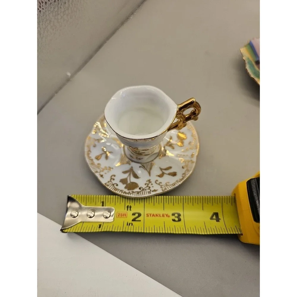 Vtg Souvenir Bone China Miniature Tea Cup &‎ Saucer, Gold on White Floral